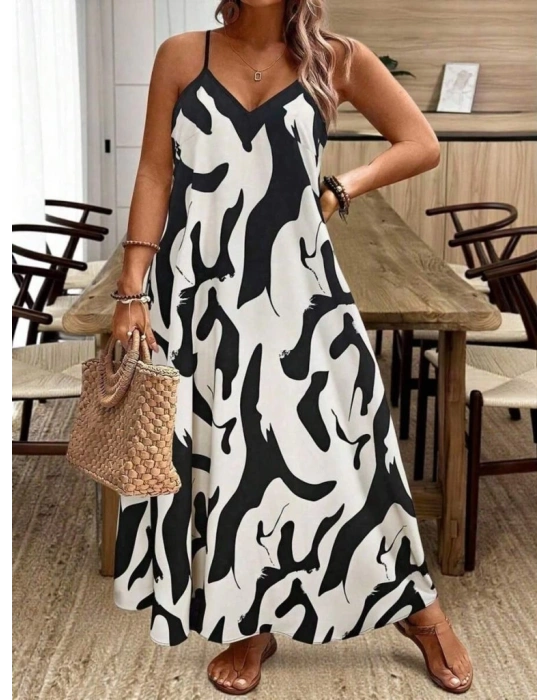 Kadın Ip Askılı Geniş V Yakalı Leopar Desenli Süprem Elbise