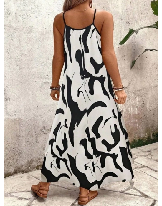 Kadın Ip Askılı Geniş V Yakalı Leopar Desenli Süprem Elbise