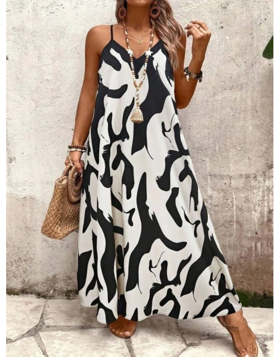 Kadın Ip Askılı Geniş V Yakalı Leopar Desenli Süprem Elbise