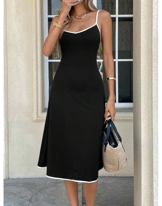 Kadın Ip Askılı Geniş V Yakalı Midi Janjan Krep Elbise