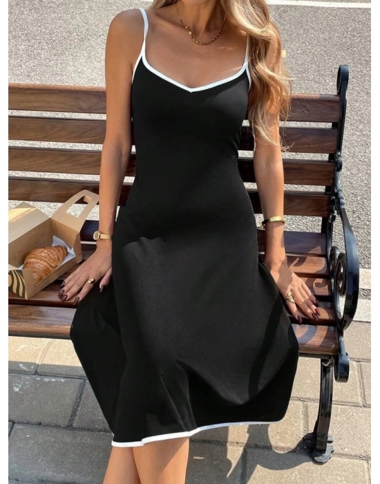 Kadın Ip Askılı Geniş V Yakalı Midi Janjan Krep Elbise