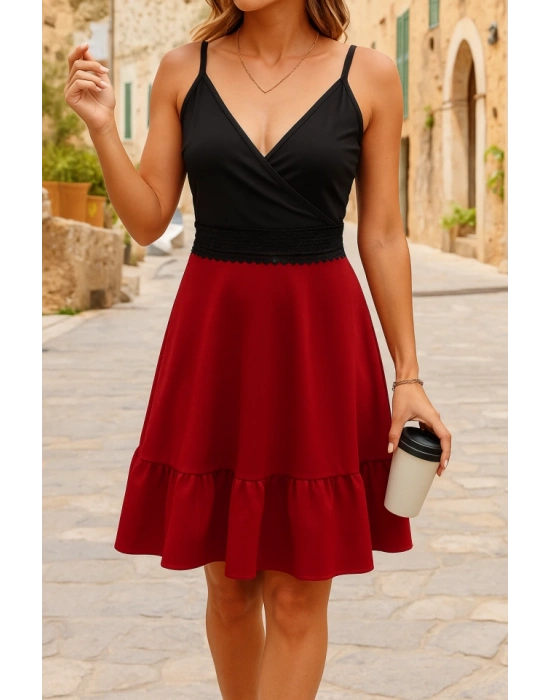 Kadın Ip Askılı Kruvaze Yaka Bel Dantel Ithal Krep Elbise