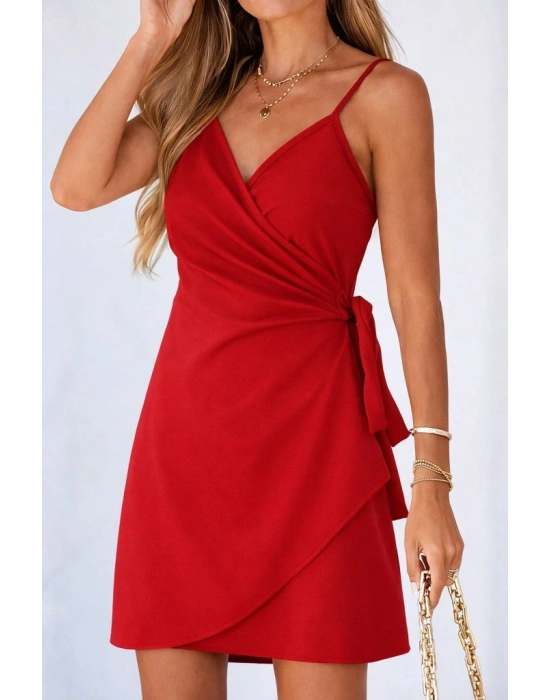 Kadın Ip Askılı Kruvaze Yakalı Belden Kuşaklı Kısa Janjan Krep Elbise