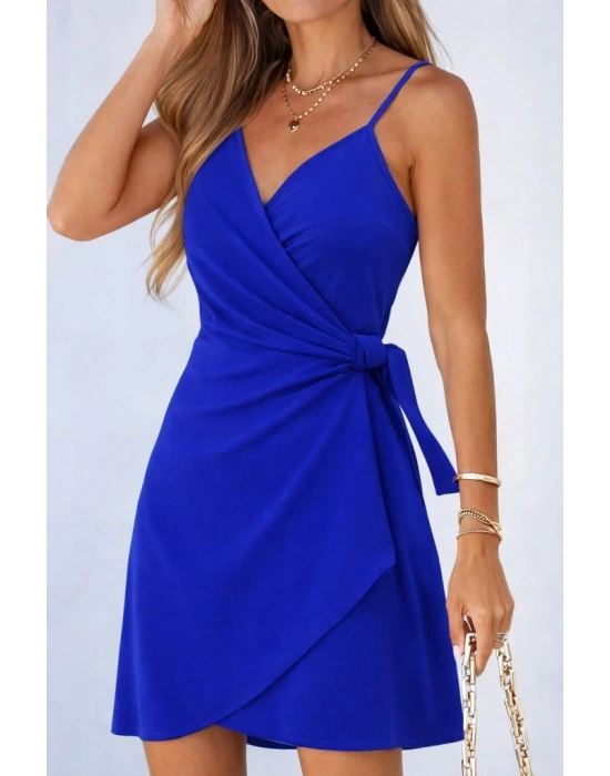 Kadın Ip Askılı Kruvaze Yakalı Belden Kuşaklı Kısa Janjan Krep Elbise