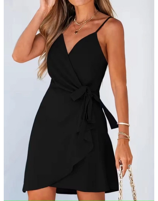 Kadın Ip Askılı Kruvaze Yakalı Belden Kuşaklı Kısa Janjan Krep Elbise