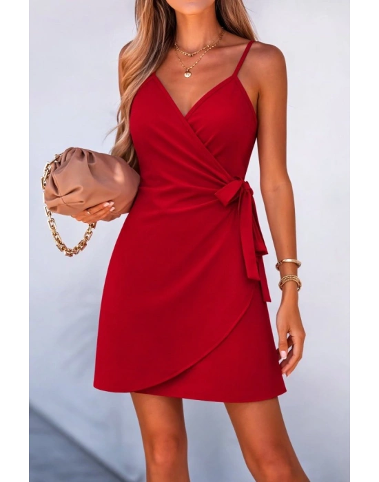 Kadın Ip Askılı Kruvaze Yakalı Belden Kuşaklı Kısa Janjan Krep Elbise