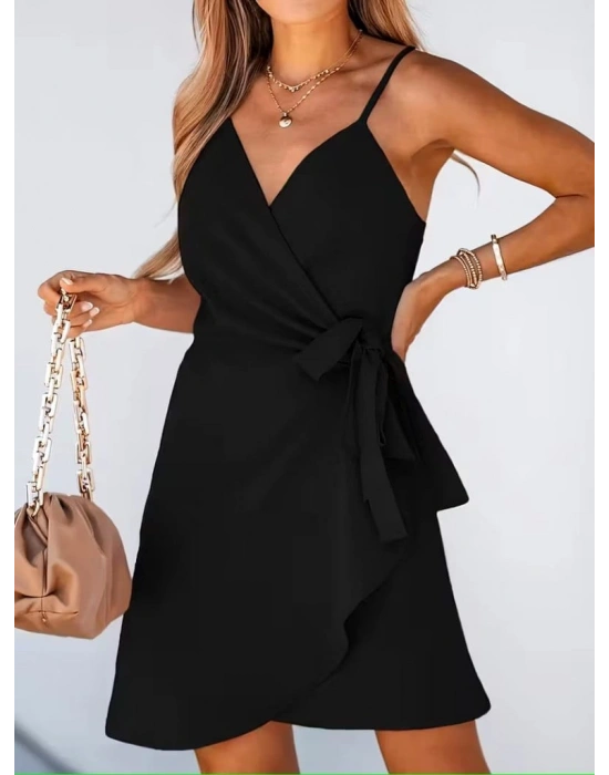 Kadın Ip Askılı Kruvaze Yakalı Belden Kuşaklı Kısa Janjan Krep Elbise