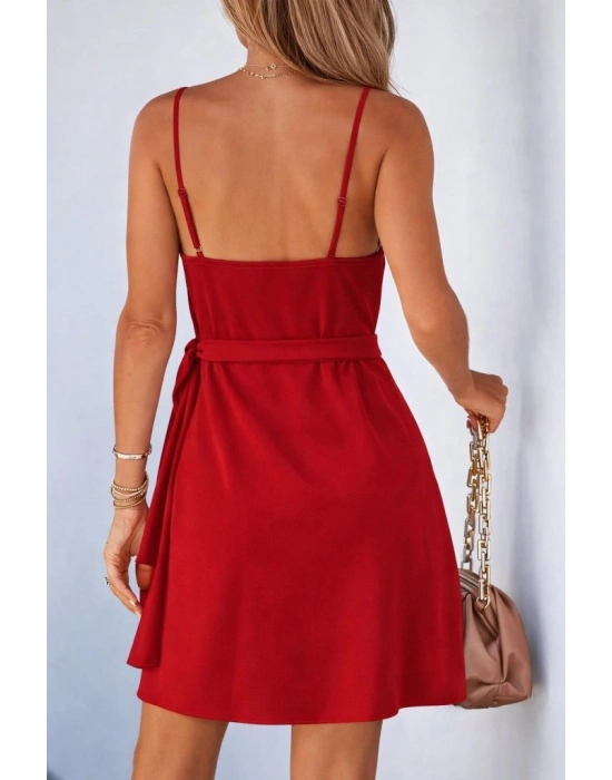 Kadın Ip Askılı Kruvaze Yakalı Belden Kuşaklı Kısa Janjan Krep Elbise