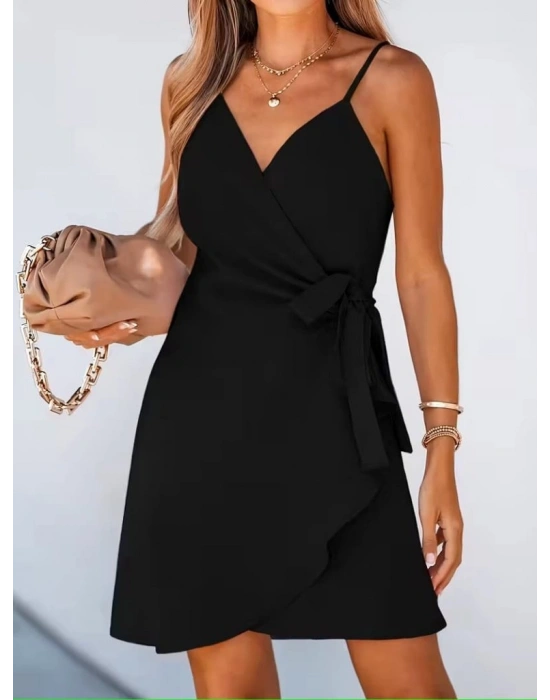 Kadın Ip Askılı Kruvaze Yakalı Belden Kuşaklı Kısa Janjan Krep Elbise