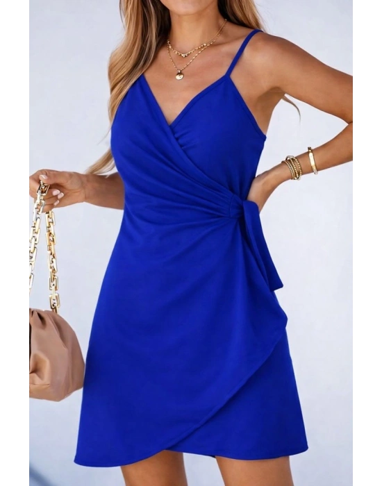 Kadın Ip Askılı Kruvaze Yakalı Belden Kuşaklı Kısa Janjan Krep Elbise