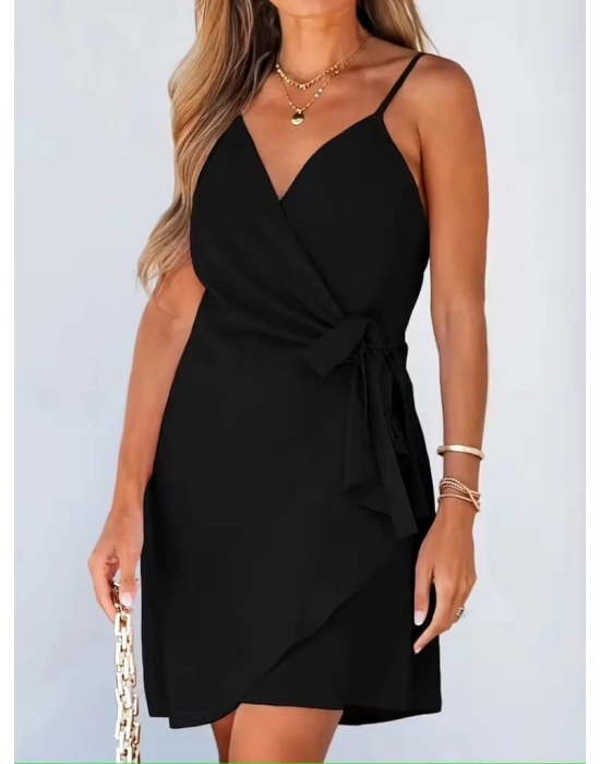 Kadın Ip Askılı Kruvaze Yakalı Belden Kuşaklı Kısa Janjan Krep Elbise