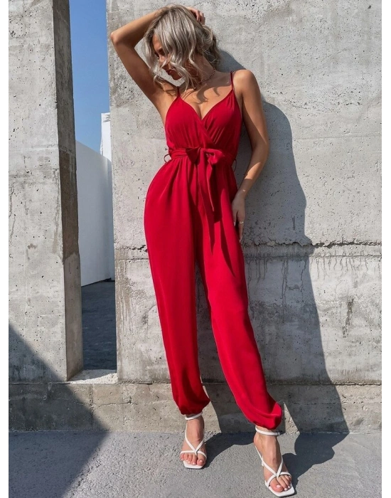 Kadın Ip Askılı Kruvaze Yakalı Belden Kuşaklı Uzun Sandy Tulum