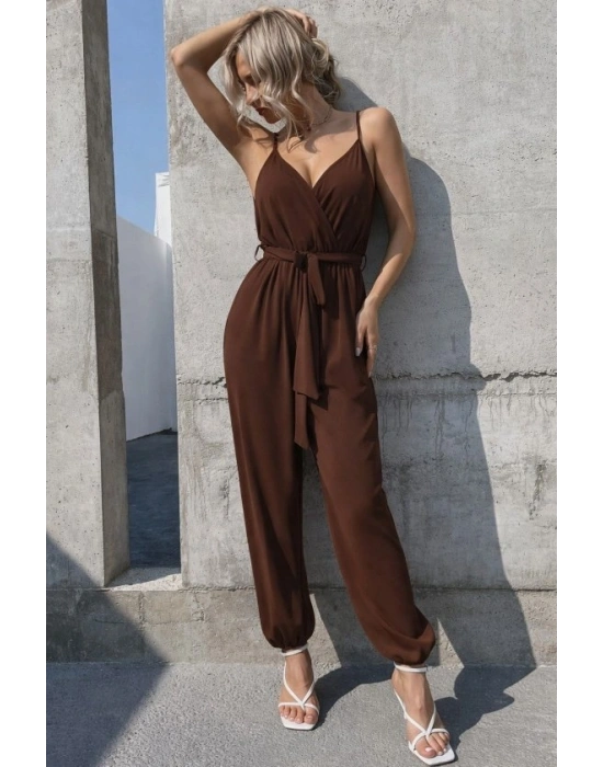 Kadın Ip Askılı Kruvaze Yakalı Belden Kuşaklı Uzun Sandy Tulum