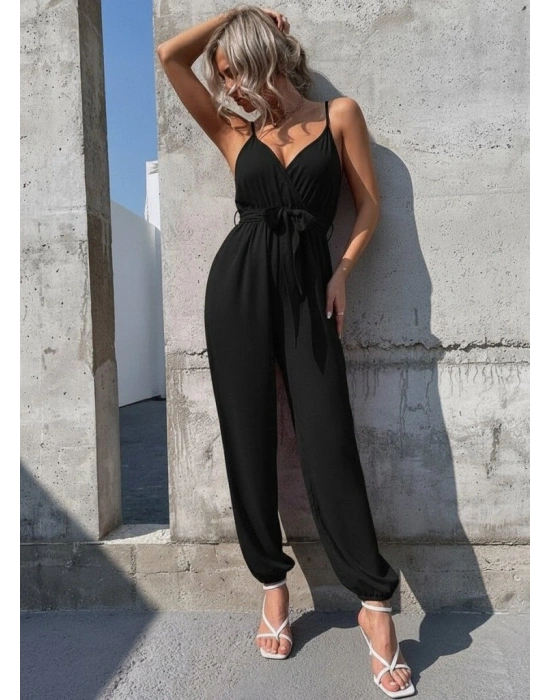 Kadın Ip Askılı Kruvaze Yakalı Belden Kuşaklı Uzun Sandy Tulum