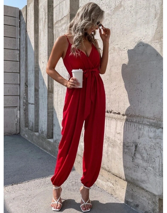 Kadın Ip Askılı Kruvaze Yakalı Belden Kuşaklı Uzun Sandy Tulum