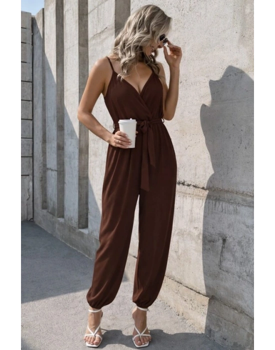 Kadın Ip Askılı Kruvaze Yakalı Belden Kuşaklı Uzun Sandy Tulum