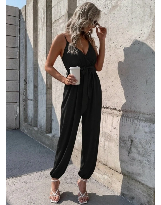 Kadın Ip Askılı Kruvaze Yakalı Belden Kuşaklı Uzun Sandy Tulum