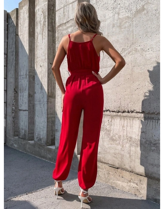 Kadın Ip Askılı Kruvaze Yakalı Belden Kuşaklı Uzun Sandy Tulum