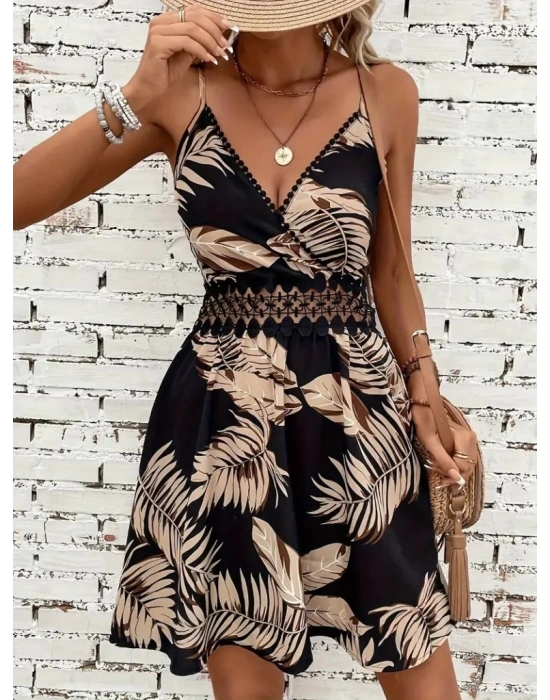 Kadın Ip Askılı Kruvaze Yakalı Desenli Mini Süprem Mini Elbise