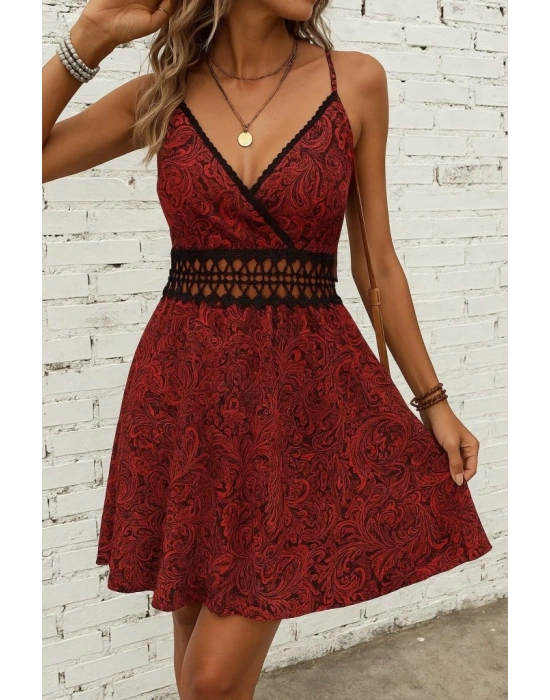 Kadın Ip Askılı Kruvaze Yakalı Desenli Mini Süprem Mini Elbise