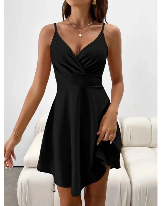 Kadın Ip Askılı Kruvaze Yakalı Kısa ıthal Krep Elbise