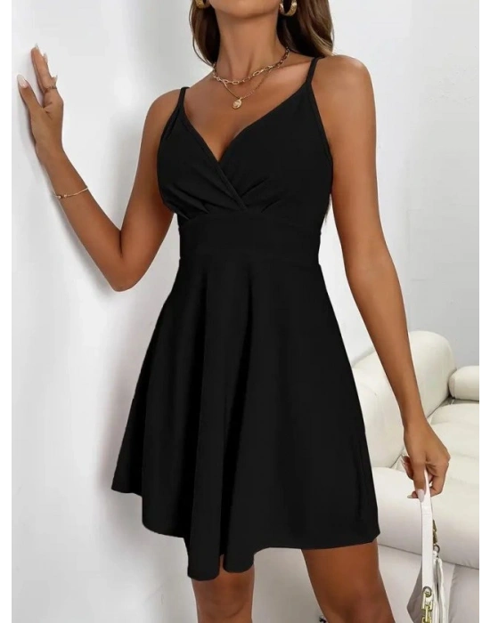 Kadın Ip Askılı Kruvaze Yakalı Kısa ıthal Krep Elbise