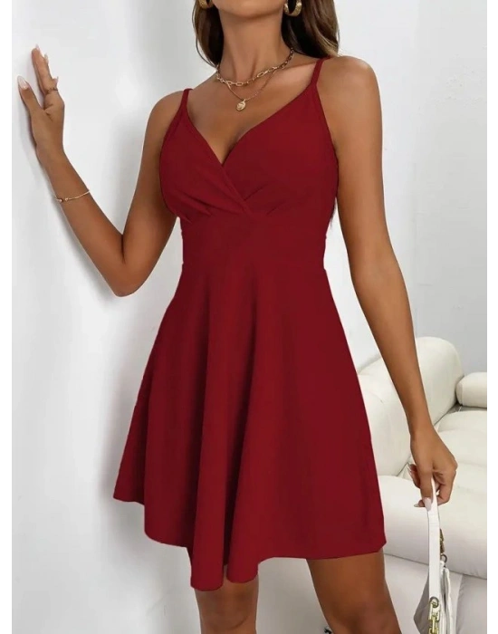 Kadın Ip Askılı Kruvaze Yakalı Kısa ıthal Krep Elbise