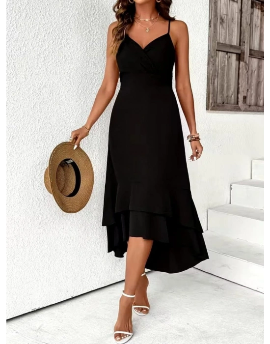 Kadın Ip Askılı Kruvaze Yakalı Sırttan Bağcıklı önü Volanlı Midi Janjan Krep Elbise