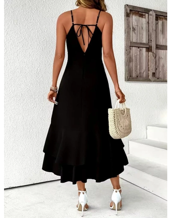 Kadın Ip Askılı Kruvaze Yakalı Sırttan Bağcıklı önü Volanlı Midi Janjan Krep Elbise