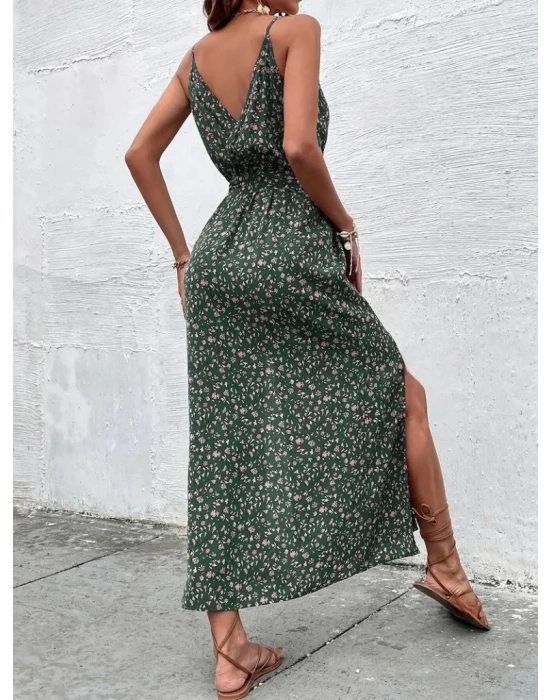 Kadın Ip Askılı Kruvaze Yakalı Yırtmaçlı Uzun Desenli Kuşaklı Süprem Elbise