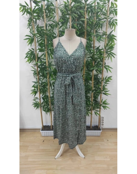 Kadın Ip Askılı Kruvaze Yakalı Yırtmaçlı Uzun Desenli Kuşaklı Süprem Elbise