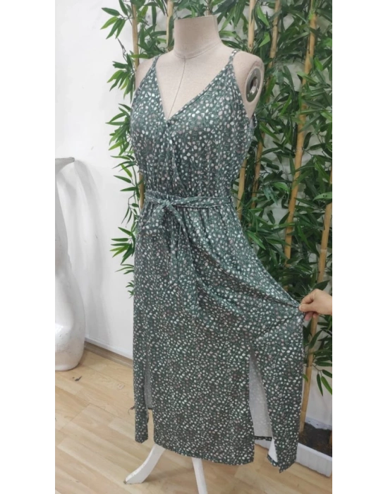 Kadın Ip Askılı Kruvaze Yakalı Yırtmaçlı Uzun Desenli Kuşaklı Süprem Elbise