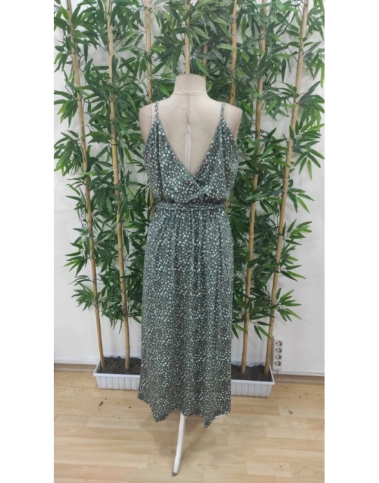 Kadın Ip Askılı Kruvaze Yakalı Yırtmaçlı Uzun Desenli Kuşaklı Süprem Elbise