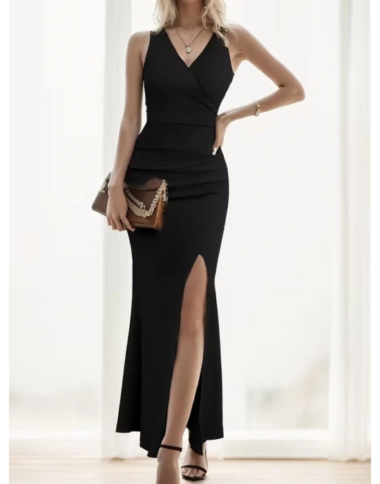 Kadın Ip Askılı Kruvaze Yakalı Yırtmaçlı Uzun Ithal Krep Elbise