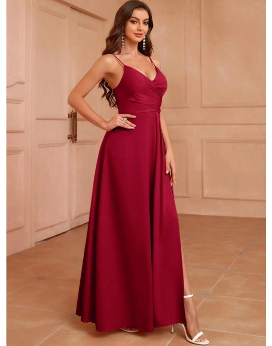 Kadın Ip Askılı Kruvaze Yakalı Yırtmaçlı Uzun Ithal Krep Elbise