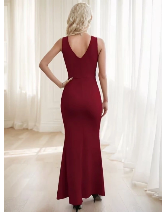 Kadın Ip Askılı Kruvaze Yakalı Yırtmaçlı Uzun Ithal Krep Elbise