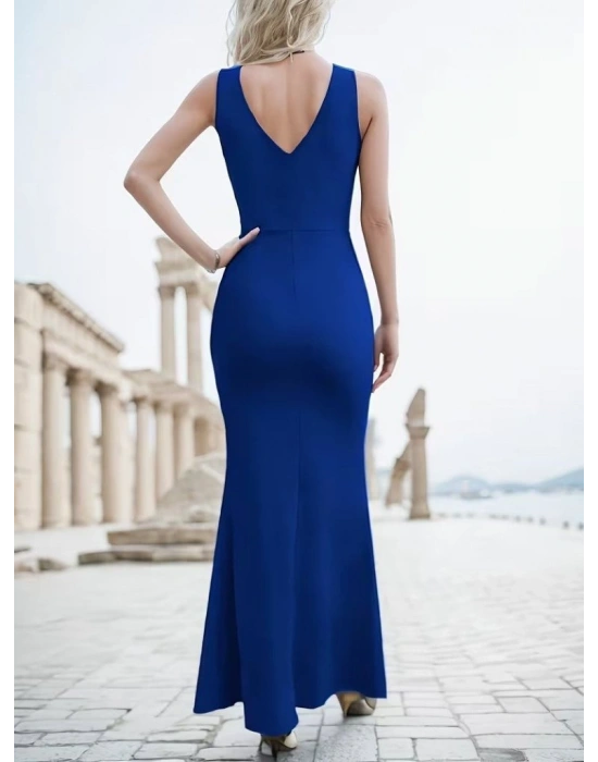 Kadın Ip Askılı Kruvaze Yakalı Yırtmaçlı Uzun Ithal Krep Elbise