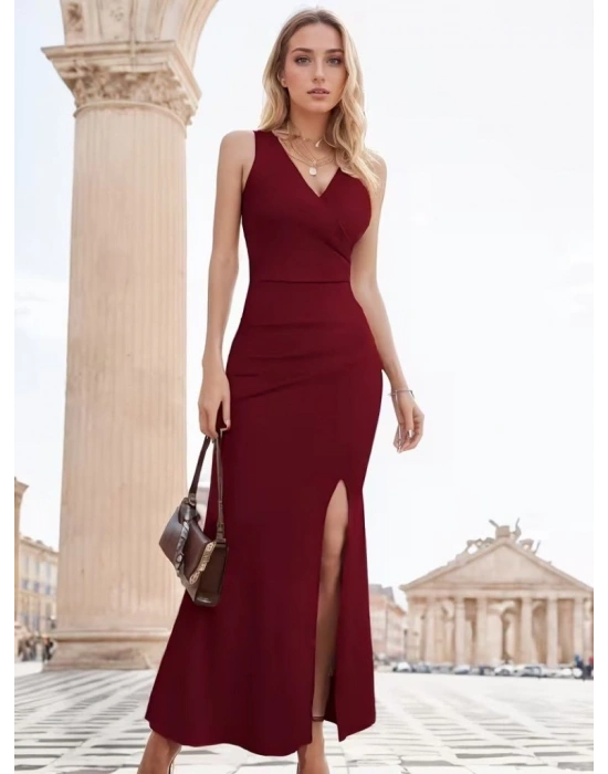 Kadın Ip Askılı Kruvaze Yakalı Yırtmaçlı Uzun Ithal Krep Elbise