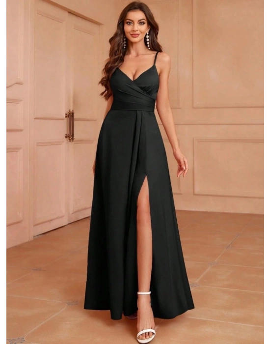 Kadın Ip Askılı Kruvaze Yakalı Yırtmaçlı Uzun Ithal Krep Elbise