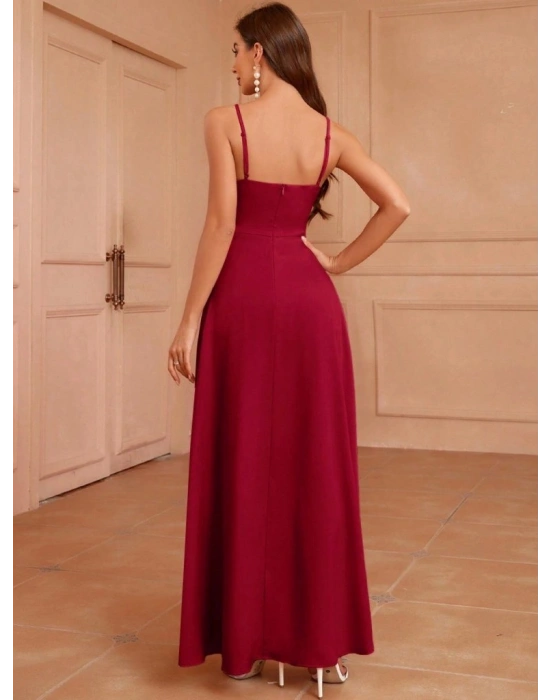 Kadın Ip Askılı Kruvaze Yakalı Yırtmaçlı Uzun Ithal Krep Elbise