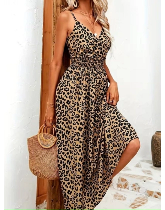 Kadın Ip Askılı Kruvazeli Yakalı Beli Lastikli Leopar Desenli Uzun Süprem Elbise