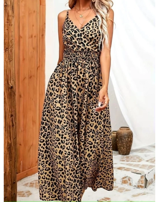 Kadın Ip Askılı Kruvazeli Yakalı Beli Lastikli Leopar Desenli Uzun Süprem Elbise