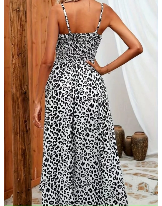 Kadın Ip Askılı Kruvazeli Yakalı Beli Lastikli Leopar Desenli Uzun Süprem Elbise