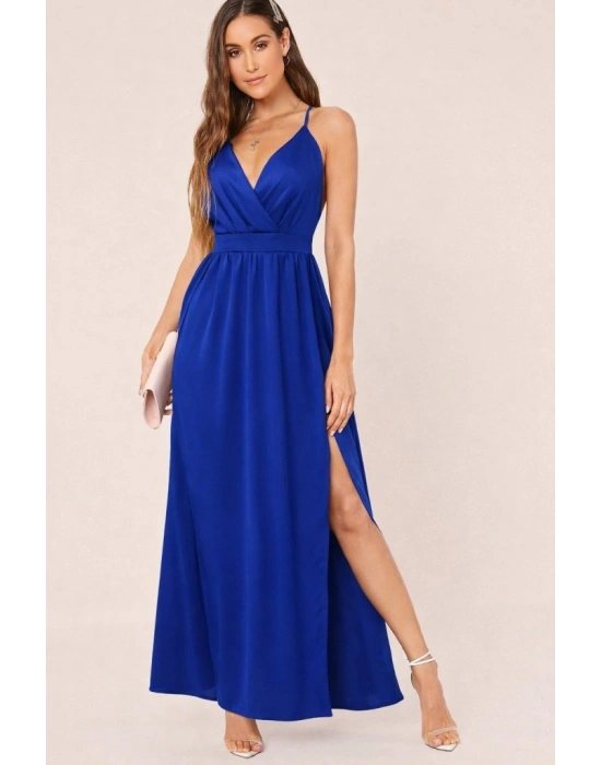 Kadın Ip Askılı Kruvazeli Yırtmaç Detaylı Yerli Krep Uzun Elbise