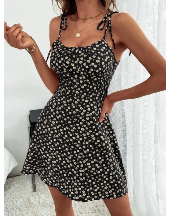 Kadın Ip Askılı Omuzlardan Bağcıklı çiçek Desenli Süprem Elbise