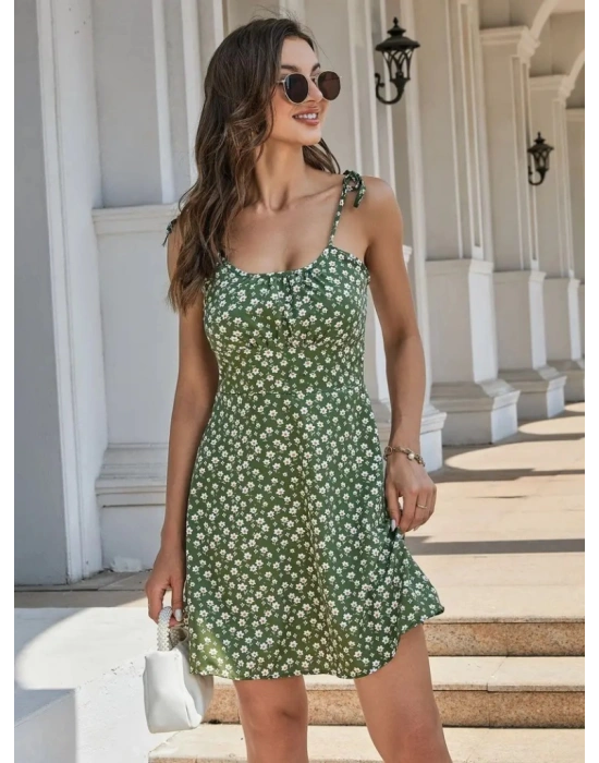 Kadın Ip Askılı Omuzlardan Bağcıklı çiçek Desenli Süprem Elbise