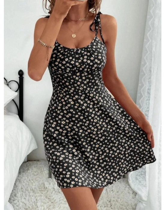 Kadın Ip Askılı Omuzlardan Bağcıklı çiçek Desenli Süprem Elbise