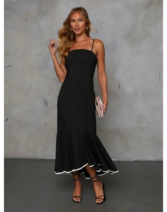 Kadın Ip Askılı Straplez Kesim Detay Maksi Boy Janjan Krep Elbise