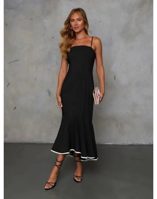 Kadın Ip Askılı Straplez Kesim Detay Maksi Boy Janjan Krep Elbise