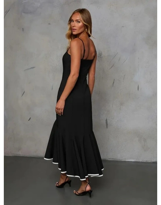 Kadın Ip Askılı Straplez Kesim Detay Maksi Boy Janjan Krep Elbise